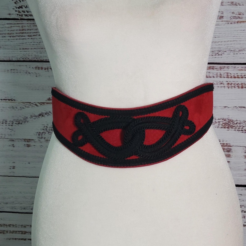 Vintage Loring Paige Red Suede Corset Belt Black Soutache Cinch Belt Renassaince